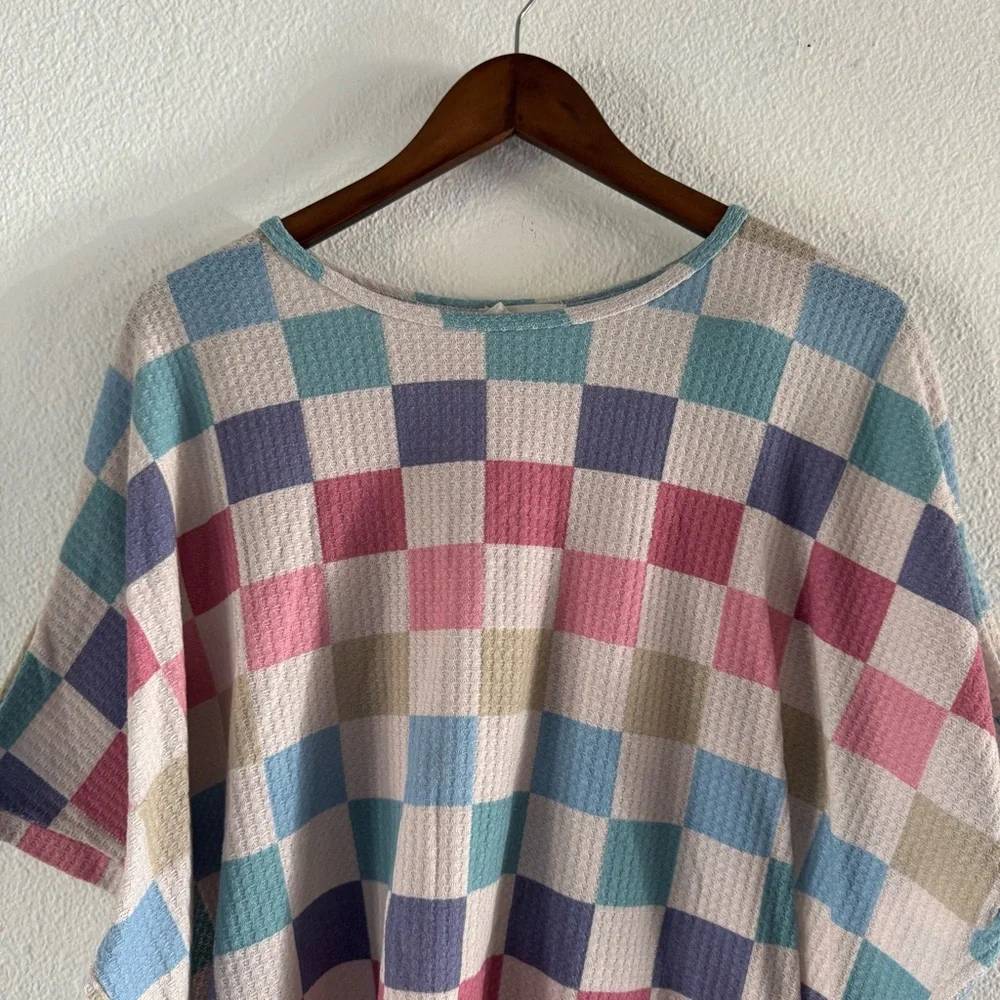 Cozycore Hopely Pastel Checkerboard Waffle Knit Oversized Top Large Cottagecore - Picture 3 of 12